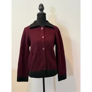 Maroon Wool Cardigan with Black Collar and Cuffs